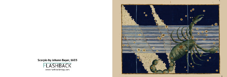A vintage-style artwork panel depicting a green lobster or crab among gold fish on a blue and white striped background, shown alongside text reading 'Scorpion by Johann Bayer, 1603' and 'FLASHBACK'.