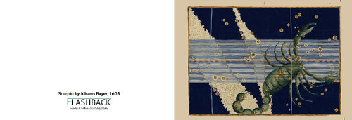 A vintage-style artwork panel depicting a green lobster or crab among gold fish on a blue and white striped background, shown alongside text reading 'Scorpion by Johann Bayer, 1603' and 'FLASHBACK'.