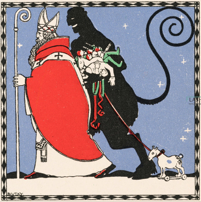 Saint Nicholas and the Krampus by Josef Diveky  for the Wiener Werkstätte, 1909  - square greeting card Greeting Card