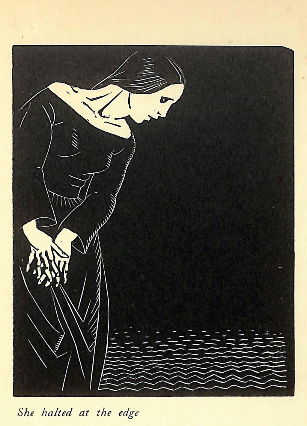 She halted on the edge from The Merrie Tales of Jacques Tournebroche illustrated by Marcia Lane Foster, 1923 - postcard