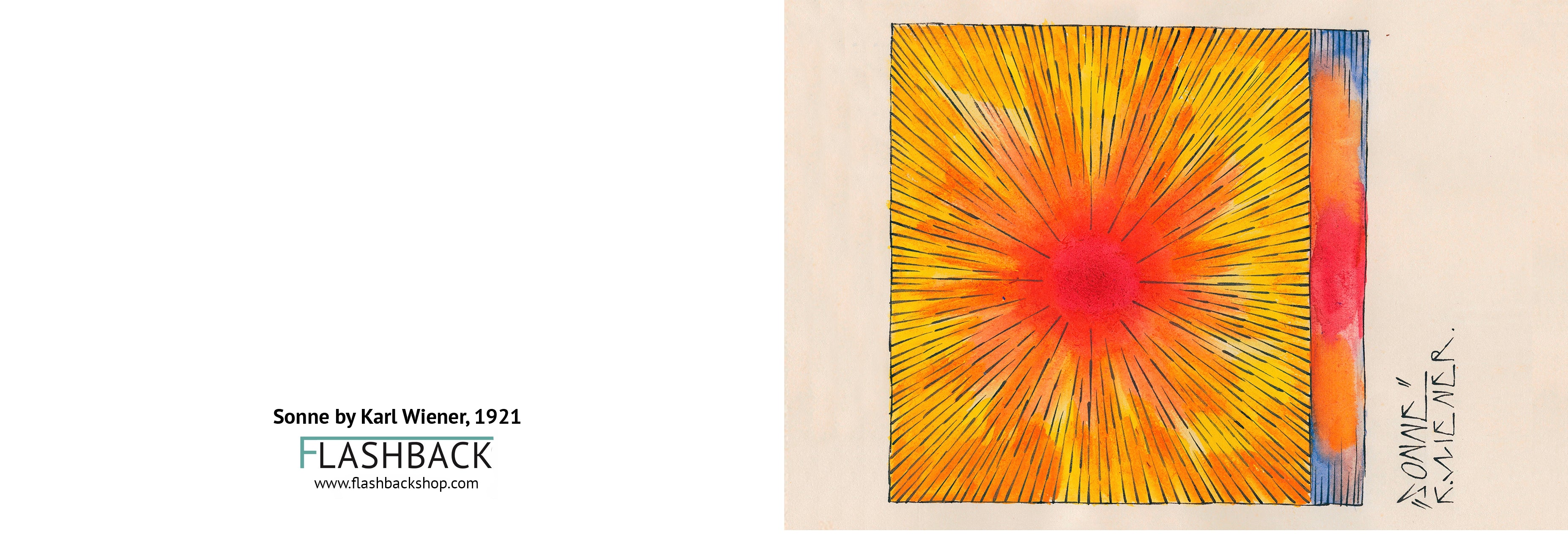A square abstract artwork with a bright yellow and orange sunburst pattern and a vertical blue-orange gradient band on the right side, shown next to text reading 'Sonne by Karl Wiener, 1921' and 'FLASHBACK'.