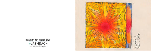 A square abstract artwork with a bright yellow and orange sunburst pattern and a vertical blue-orange gradient band on the right side, shown next to text reading 'Sonne by Karl Wiener, 1921' and 'FLASHBACK'.