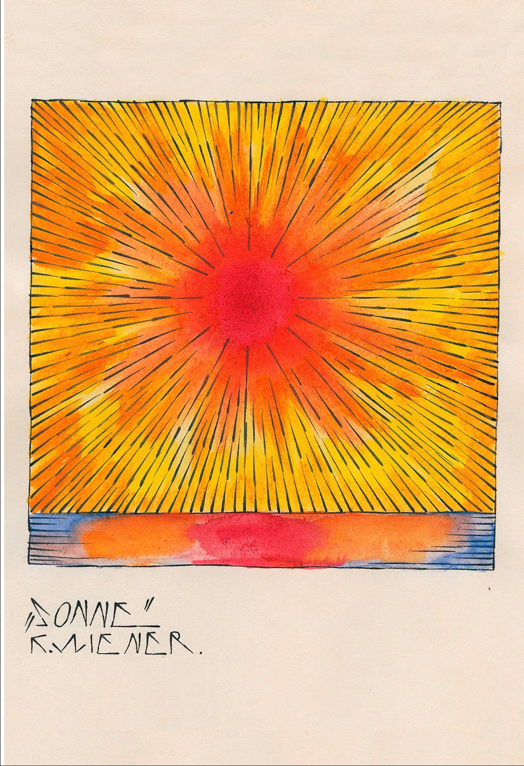 A square abstract artwork with a bright yellow and orange sunburst pattern and a vertical blue-orange gradient band on the right side, shown next to text reading 'Sonne by Karl Wiener, 1921' and 'FLASHBACK'.