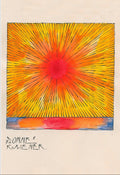A square abstract artwork with a bright yellow and orange sunburst pattern and a vertical blue-orange gradient band on the right side, shown next to text reading 'Sonne by Karl Wiener, 1921' and 'FLASHBACK'.