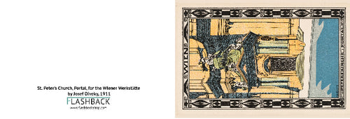 Decorative panel with artistic depiction of a scene, framed with decorative border and text 'Flashback'.