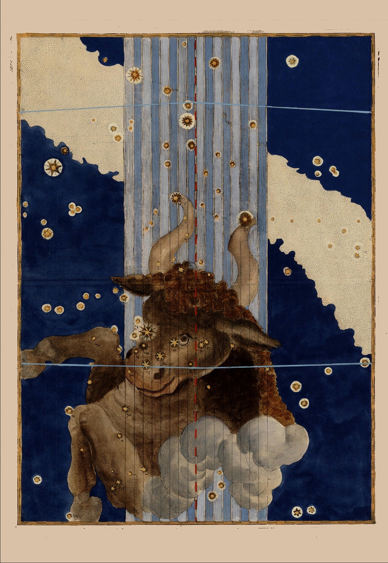 A book or catalog cover featuring a reproduction of Johann Bayer's 1605 artwork 'The Taurus'. The left side is white with the title 'Taurus by Johann Bayer, 1605' and 'FLASHBACK' branding.