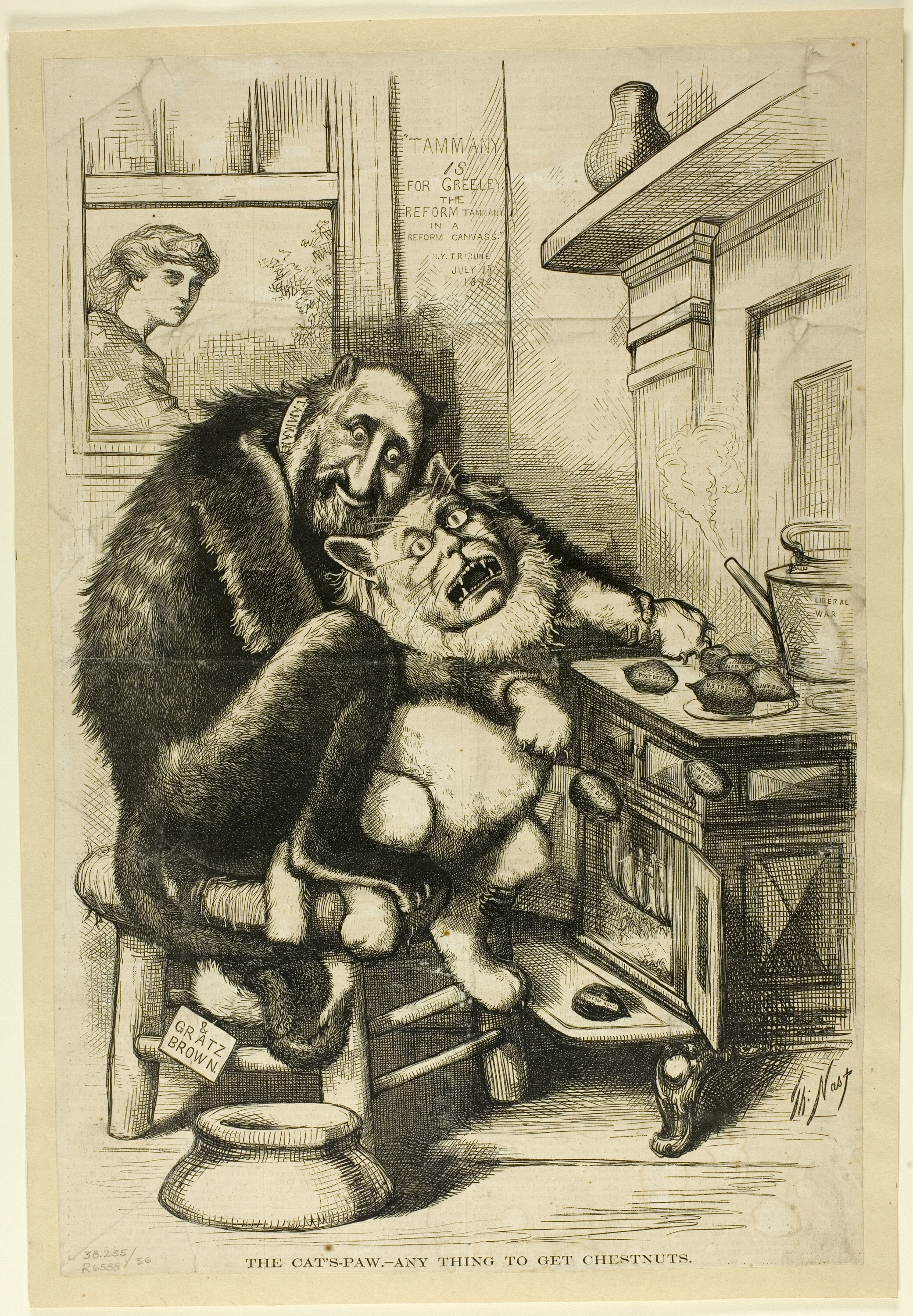 La pata de gato, cualquier cosa para conseguir castañas, de Thomas Nast - 18 de julio de 1892 - Postal