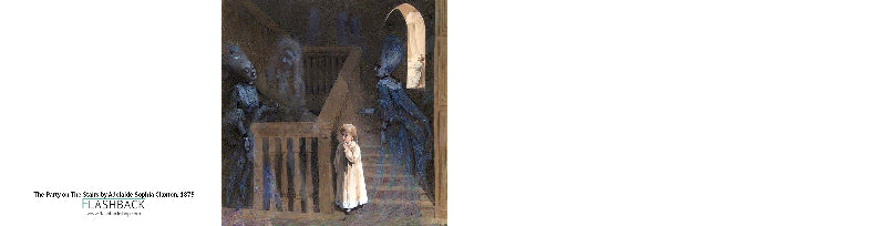 Woman standing in a grand hallway with statues on either side, labeled 'Flashback'.