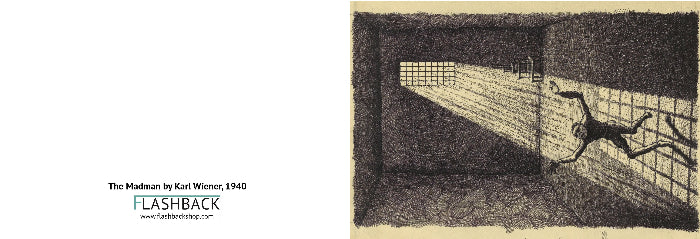 A vintage-style art print featuring an illustration of 'The Madman' by Karl Wiener, 1940, shown on a cream background with a black border. The print includes descriptive text on the left reading 'The Madman by Karl Wiener, 1940' and 'FLASHBACK'.