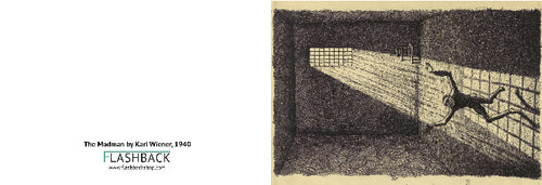 A vintage-style art print featuring an illustration of 'The Madman' by Karl Wiener, 1940, shown on a cream background with a black border. The print includes descriptive text on the left reading 'The Madman by Karl Wiener, 1940' and 'FLASHBACK'.