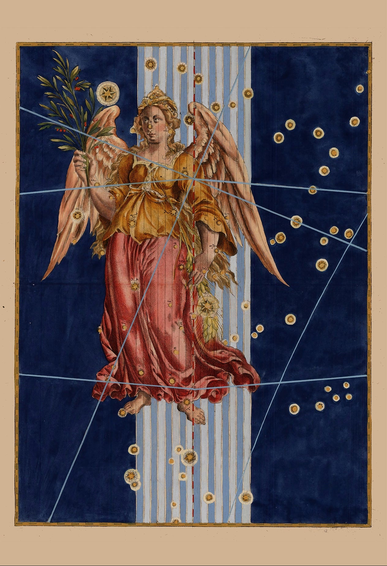 A vintage-style art print or poster featuring an angel in a red robe against a deep blue starry background, shown alongside a white sidebar with the text 'Virgo by Johann Bayer, 1603 FLASHBACK' and a website URL.