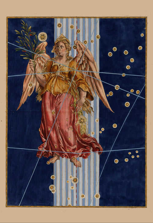 A vintage-style art print or poster featuring an angel in a red robe against a deep blue starry background, shown alongside a white sidebar with the text 'Virgo by Johann Bayer, 1603 FLASHBACK' and a website URL.