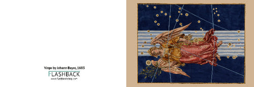 A vintage-style art print or poster featuring an angel in a red robe against a deep blue starry background, shown alongside a white sidebar with the text 'Virgo by Johann Bayer, 1603 FLASHBACK' and a website URL.