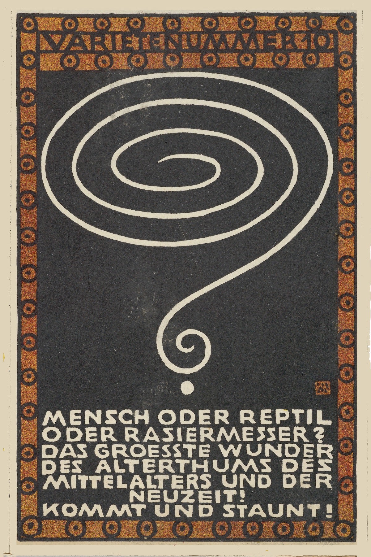 Variety Act 10 - Man or Reptile or Razor (Varietenummer 10 Mensch oder Reptil oder Rasiermesser) by Moriz Jung, 1907 - Postcard