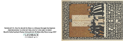 Variety Act 12 , One for All, All for One or a Glimpse through the Keyhole (Varietenummer 12, Eine fu"r Alle, Alle fu"r eine oder ein Blick Durch's Schlusselloch Pariser Schwank mit 20 Akten) by Moriz Jung, 1907 - postcard