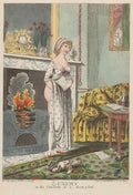 Woman warming herself at the hearth, a book in her hand by Charles Williams, 1801 - Postcard