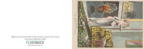 Mujer calentándose junto al hogar, con un libro en la mano, por Charles Williams, 1801 - Postal