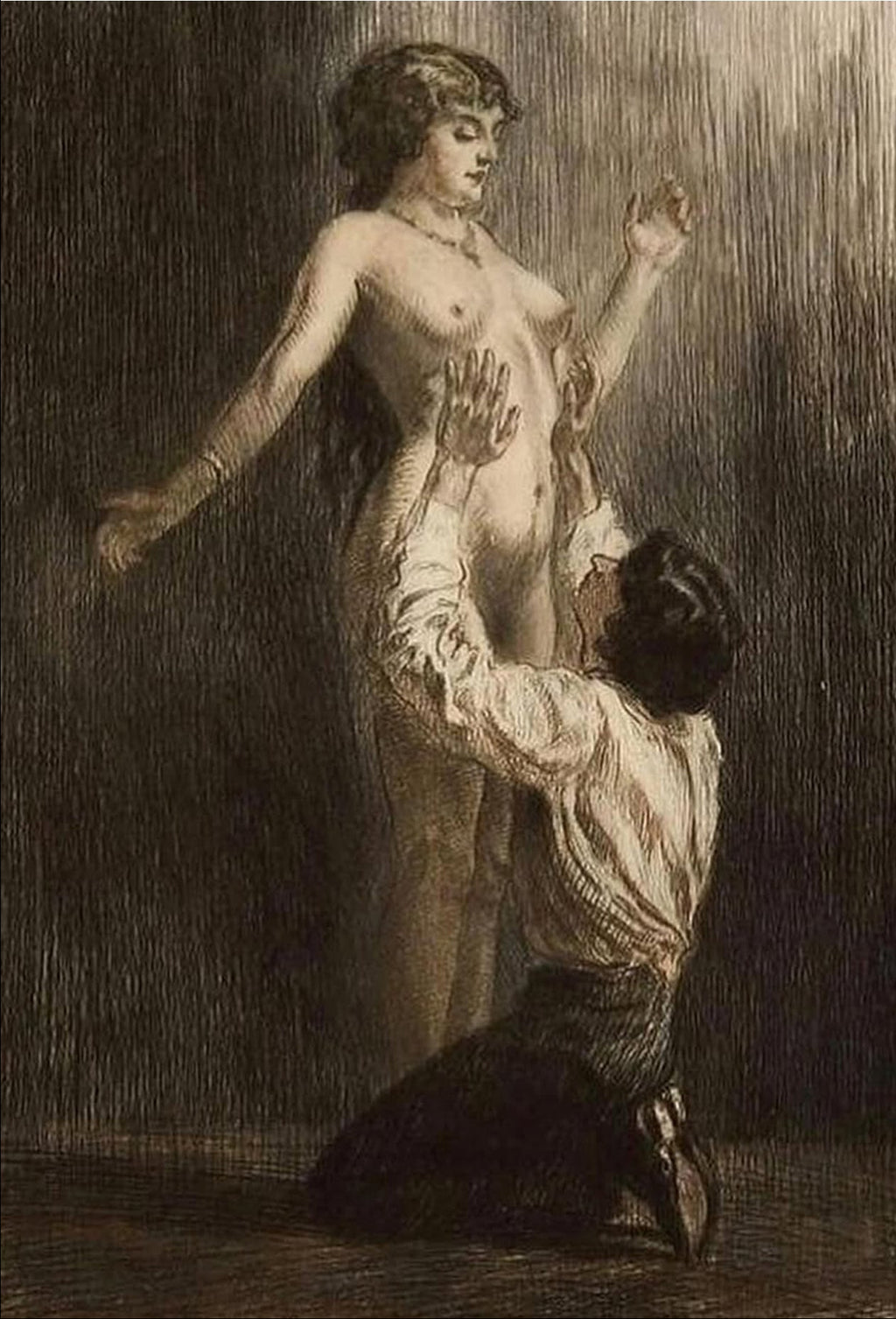 Artistic depiction of a woman being worshipped by a man, with text indicating the artist and time period.
