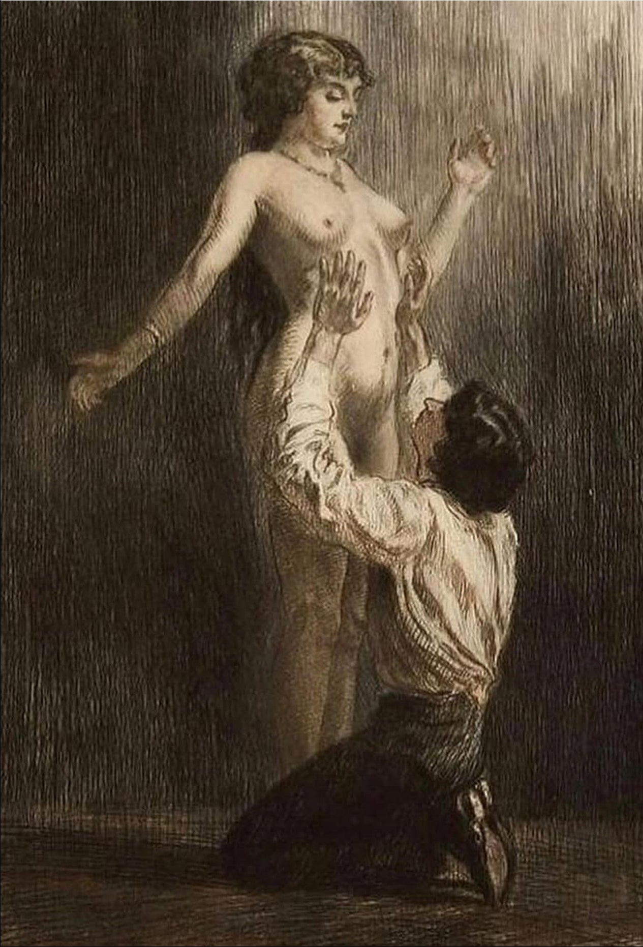Artistic depiction of a woman being worshipped by a man, with text indicating the artist and time period.
