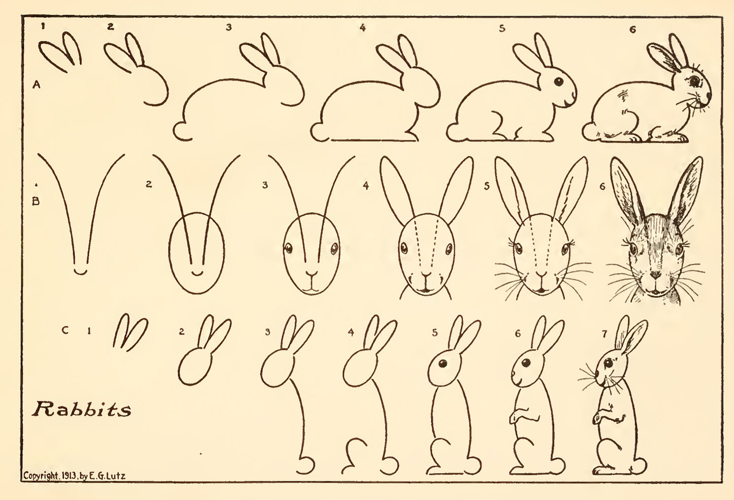 How To Draw Rabbits by Edwin Lutz, 1913 - Postcard