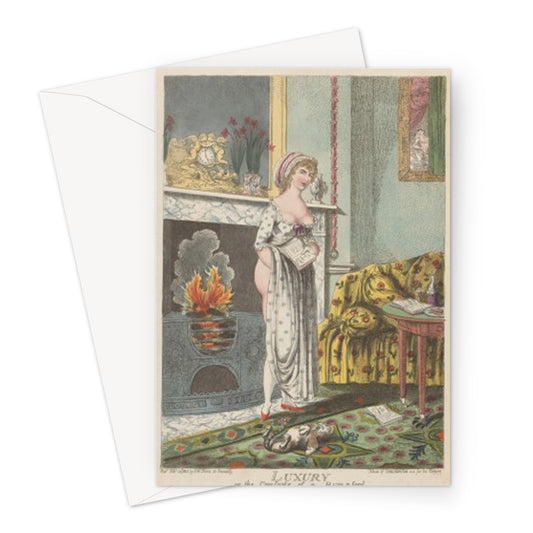 Woman warming herself at the hearth, a book in her hand by Charles Williams, 1801 - Greeting Card