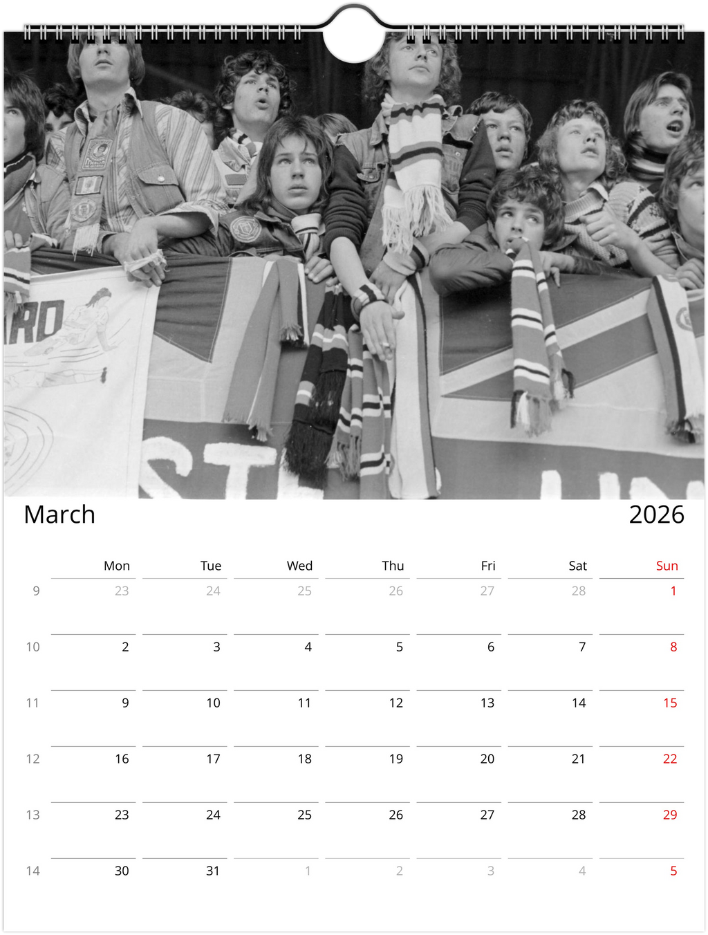 Calendario 2025 de los aficionados del Manchester United de los años 70