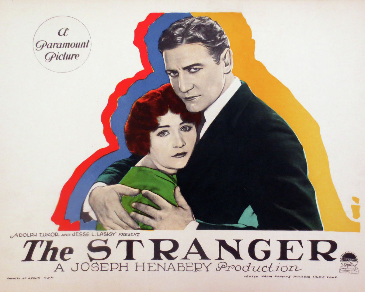 Lobby card for The Stranger, a 1924 silent film drama directed by Joseph Henabery and starring Betty Compson and Richard Dix. It is based on a novel, The First and the Last, by John Galsworthy. It was produced by Famous Players-Lasky and distributed through Paramount Pictures.