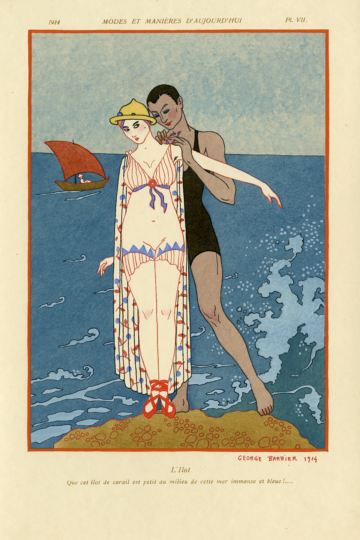 George Barbier fashion plate entitled L'Ilot, plate number VII, from Modes et Manières d'Aujourd'hui, 1914