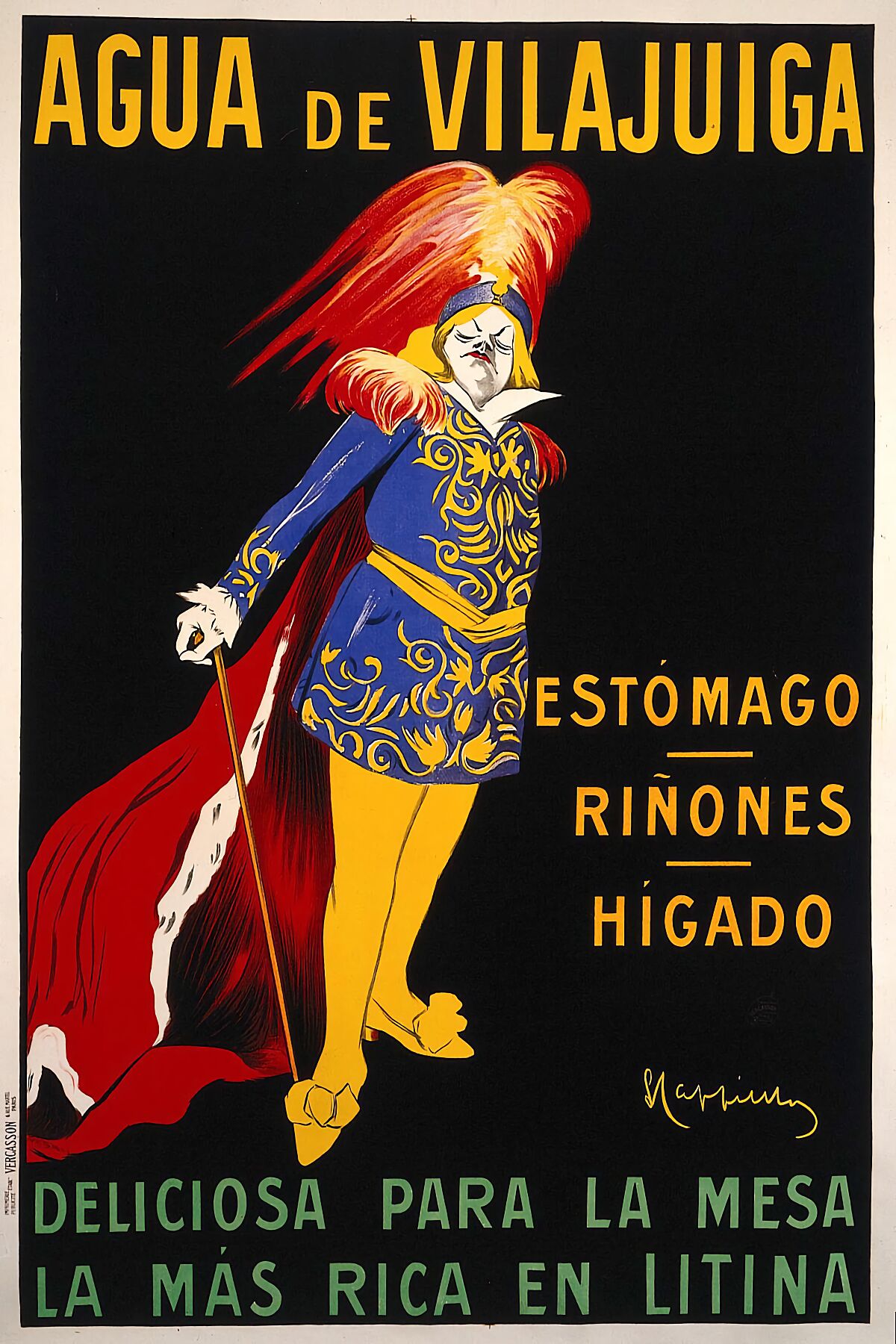 A man in Spanish costume advertising Vilajuïga mineral water. Colour lithograph by L. Cappiello, ca. 1912.