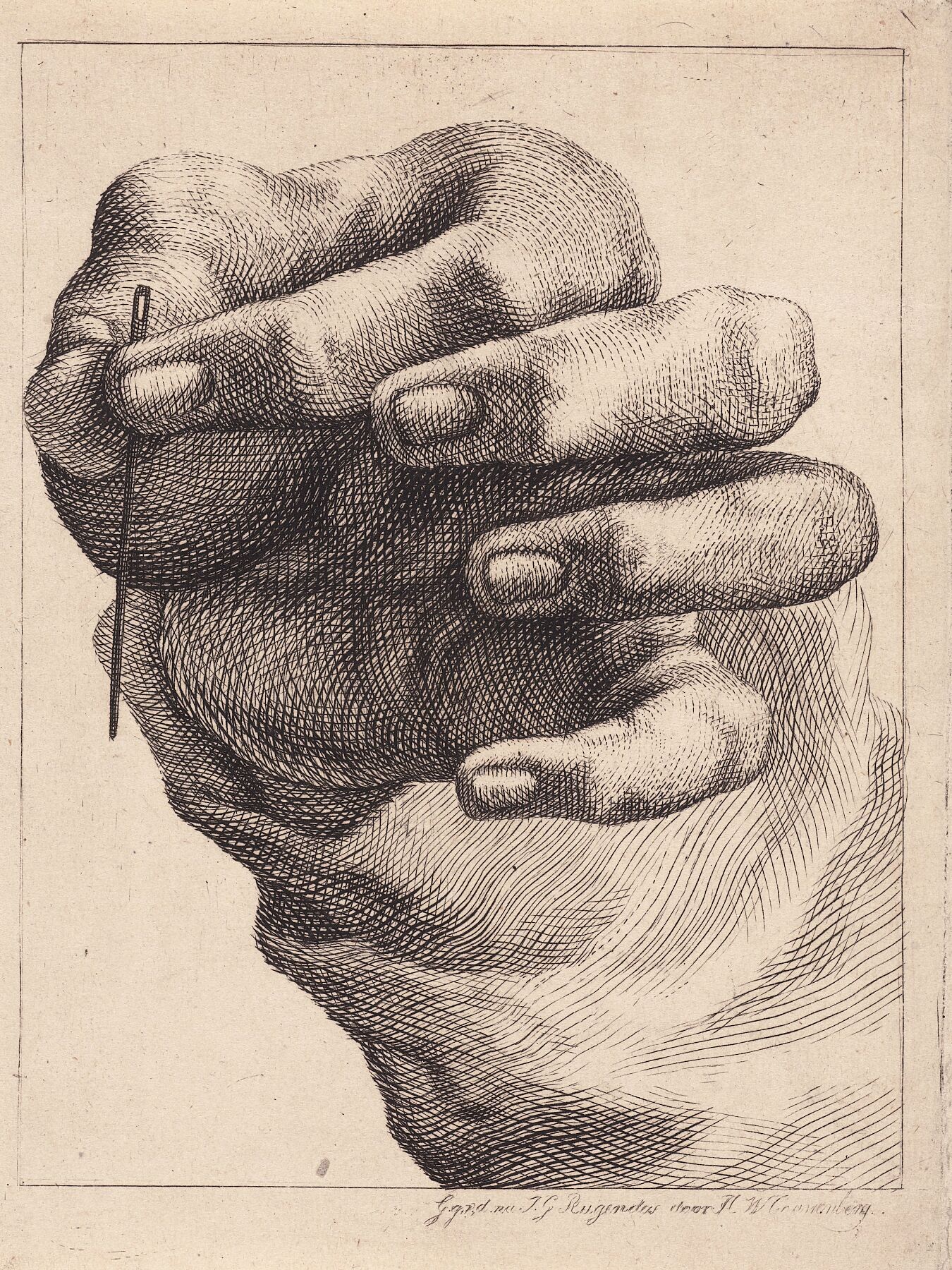 Study of a hand with a needle between thumb and index finger, Henricus Wilhelmus Couwenberg, after Jeremias Gottlob Rugendas, 1830 - 1845