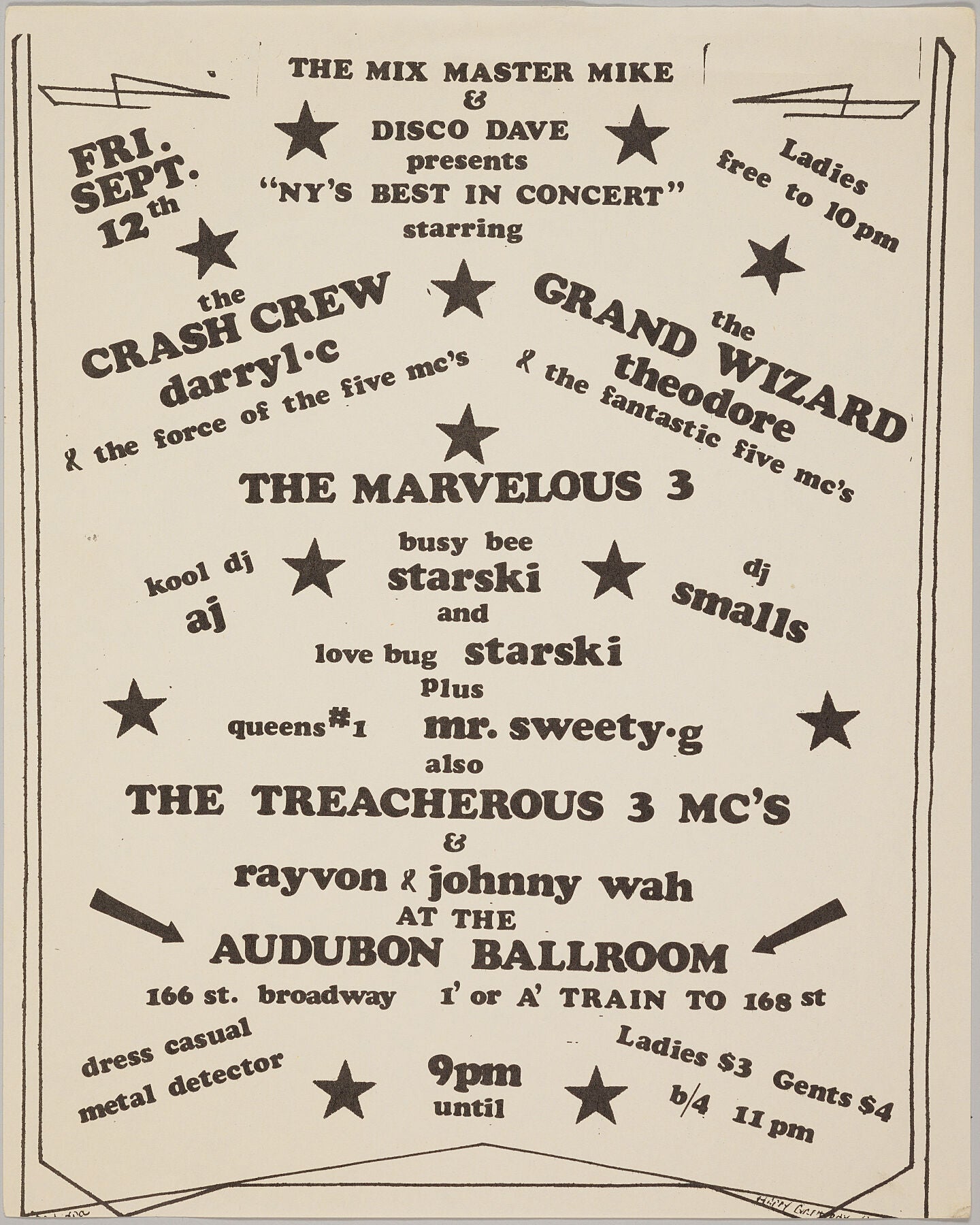Flier for the “NY’s Best in Concert” presented by Mix Master Mike and Disco Dave September - 1983