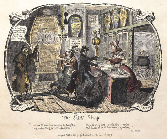 George Cruikshank's engraving of The Gin Shop (1829), a satirical sketch on the dangers of drinking alcohol