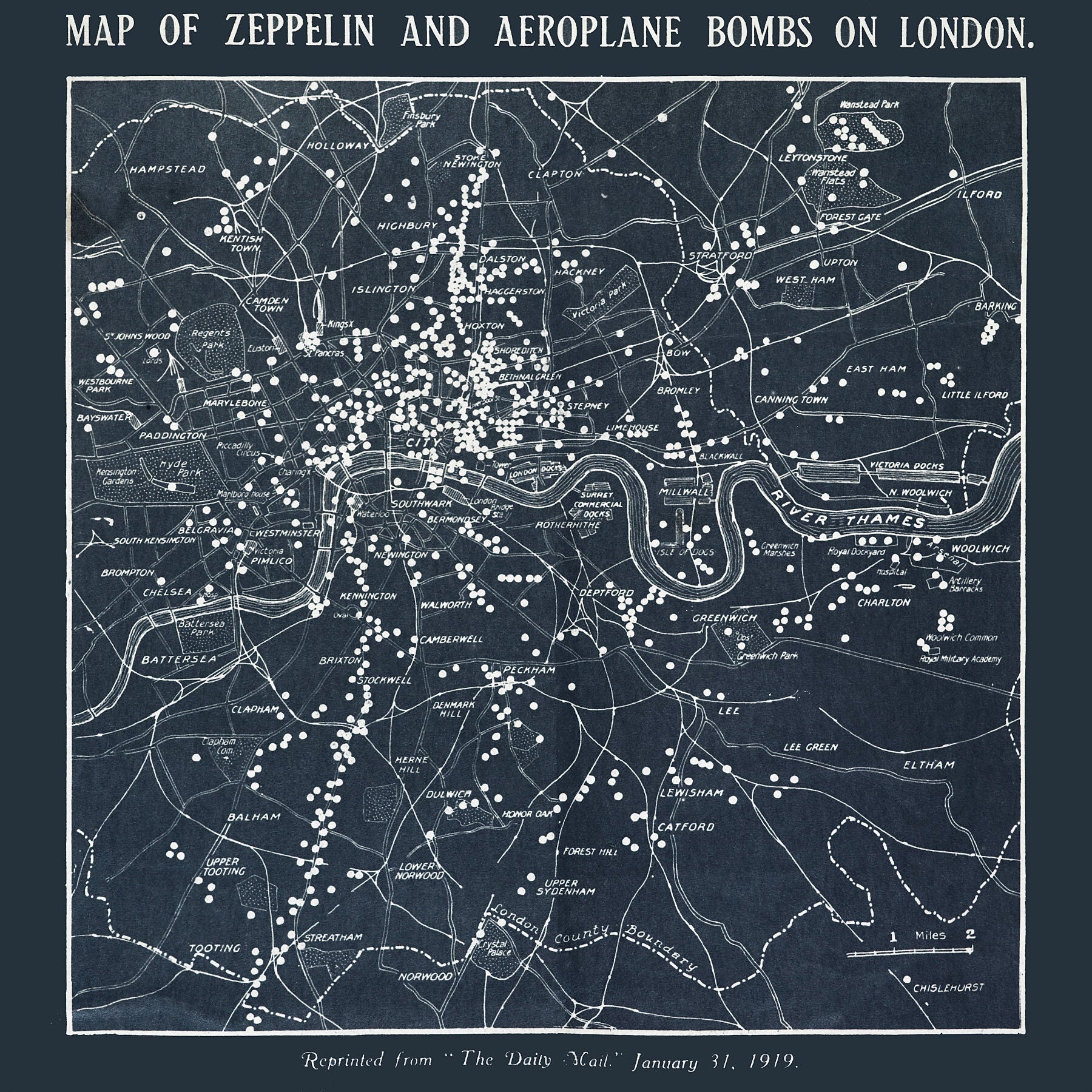 Map of Zeppelin and aeroplane bombs on London. From_ World War I photograph album by Herbert Green 1919