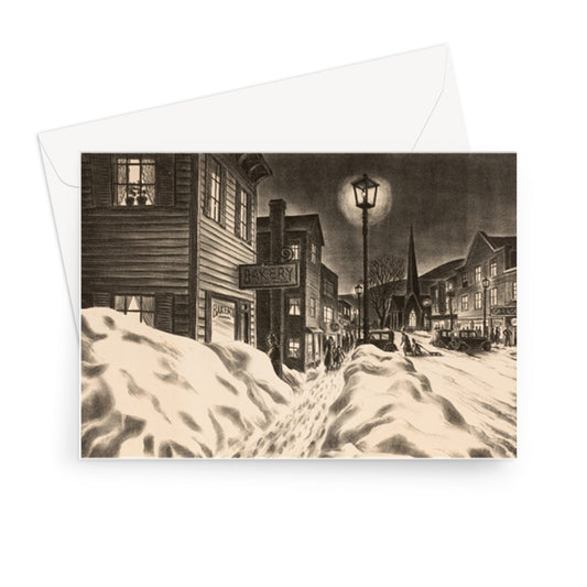 Village Street en una noche de invierno, artista desconocido, c.1940 - Tarjeta de felicitación.