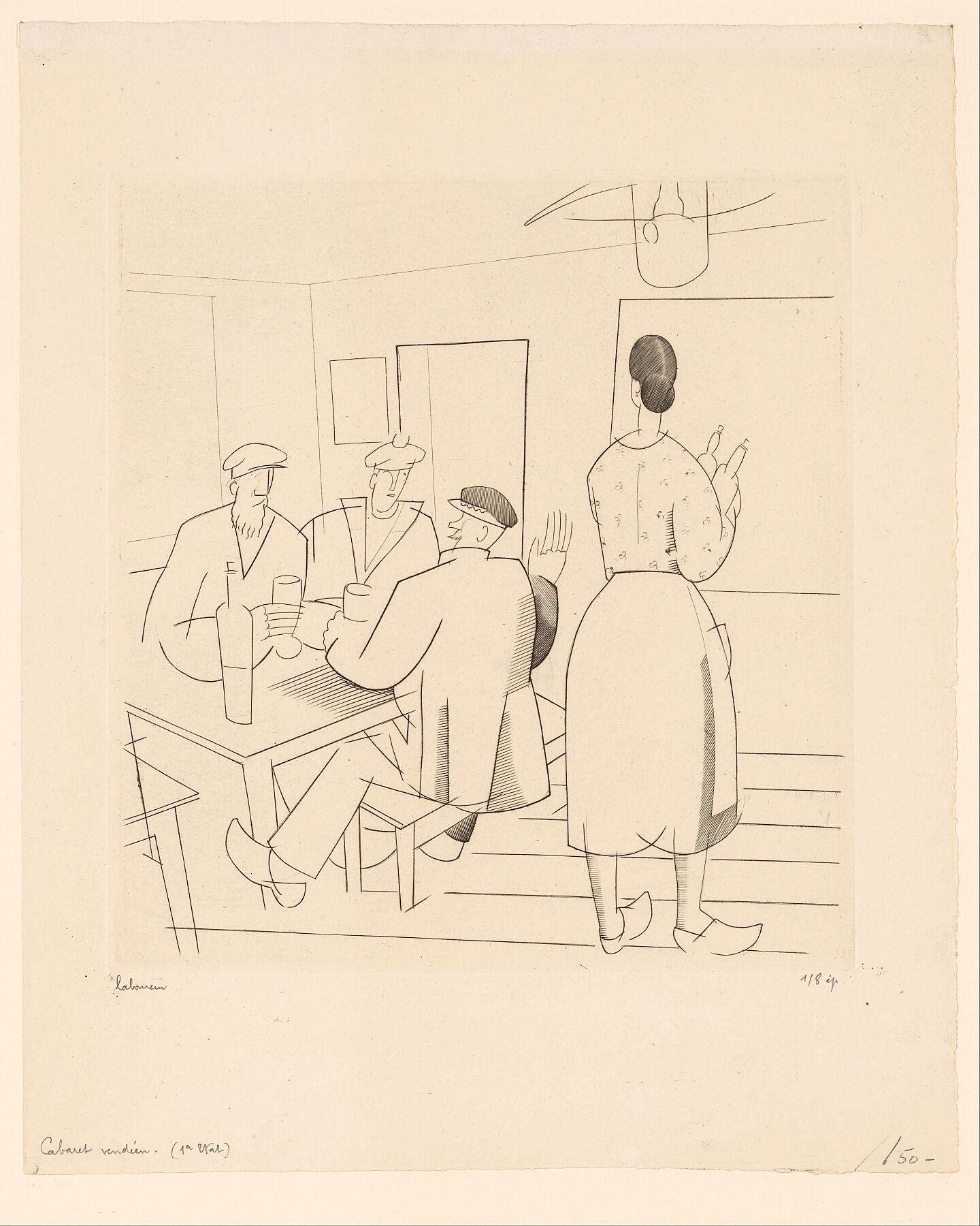 Cafe interior with customers and waitress, Jean Emile Laboureur, 1925