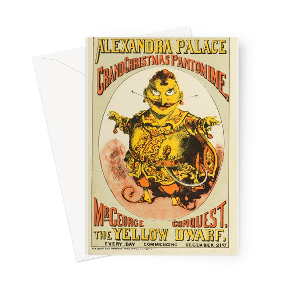 George Conquest en tant que 'Arlequin, le nain jaune' - Carte de vœux