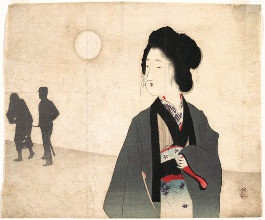 Mujer joven mira la silueta de un preso que es llevado por Tomioka Eisen - principios del siglo XX. 
