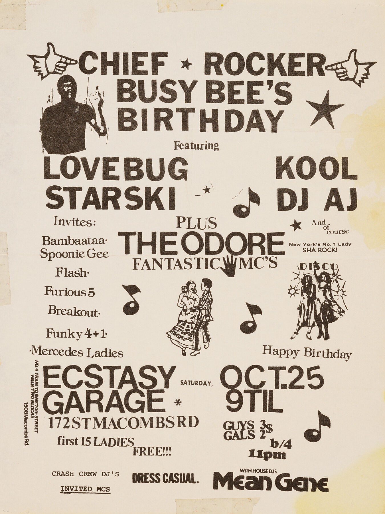 Flier for Chief Rocker Busy Bee's Birthday at Ecstasy Garage - 1980 ...