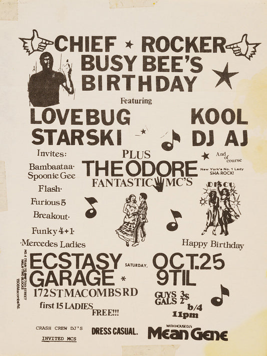 A flier for “Chief Rocker Busy Bee's Birthday,” at Ecstasy Garage October 1980