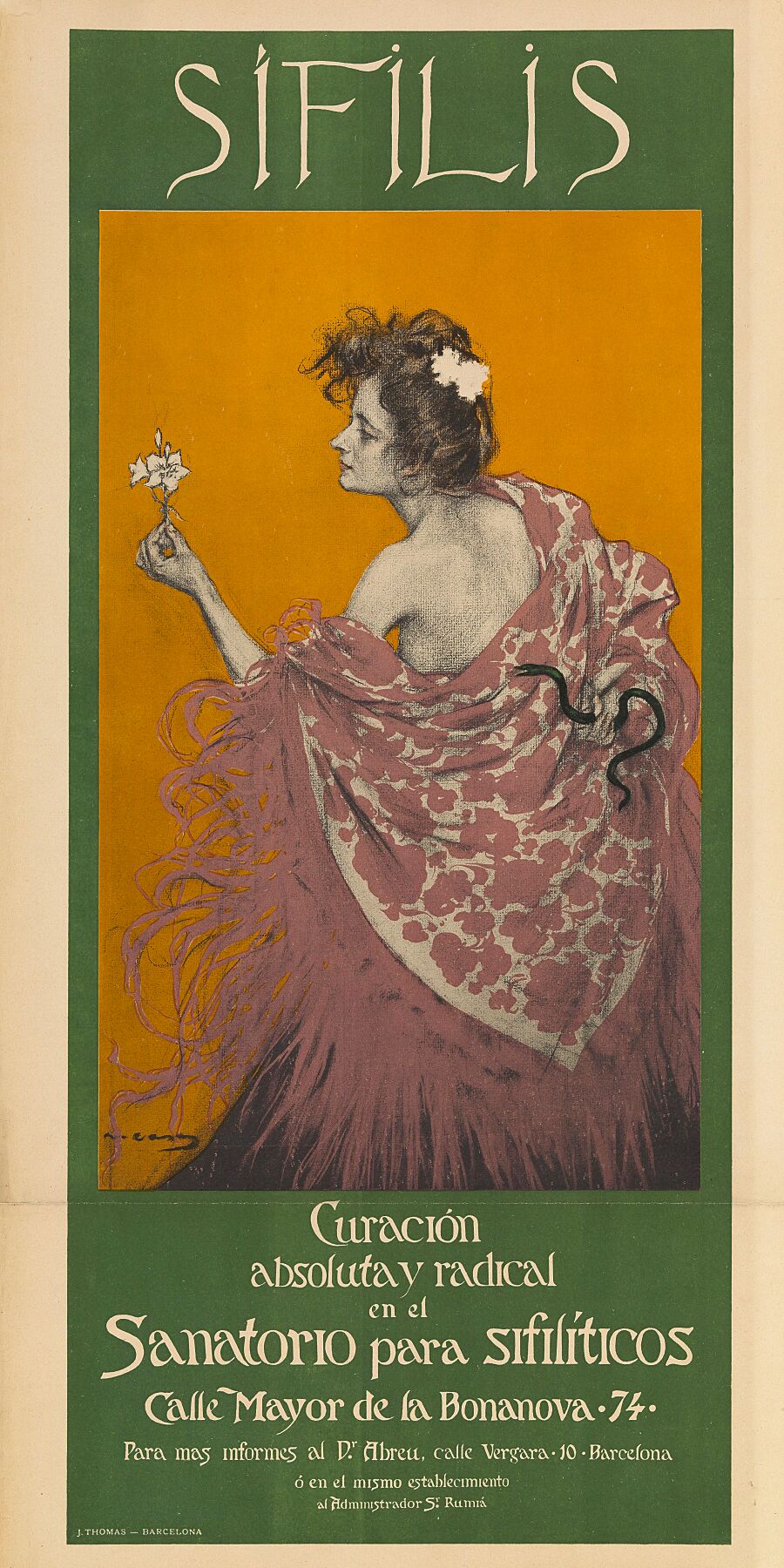 A woman representing syphilis; advertising Dr Abreu's sanatorium for syphilitics in Barcelona. Colour lithograph by R. Casas, ca. 1900