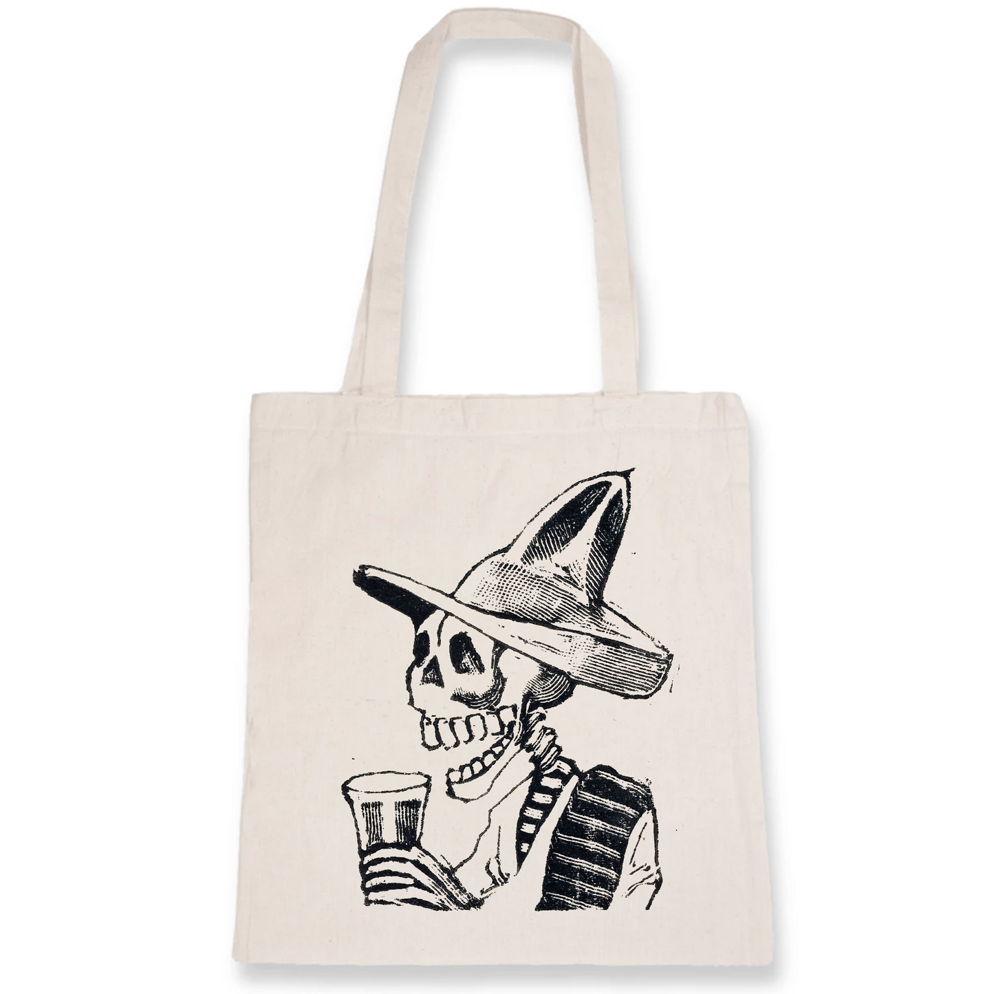 A 100% organic cotton Totye bag featuring a skeleton wearing a hat and having a drink (vignette for the feast of the dead) ca. 1890–1910 by José Guadalupe Posada.
