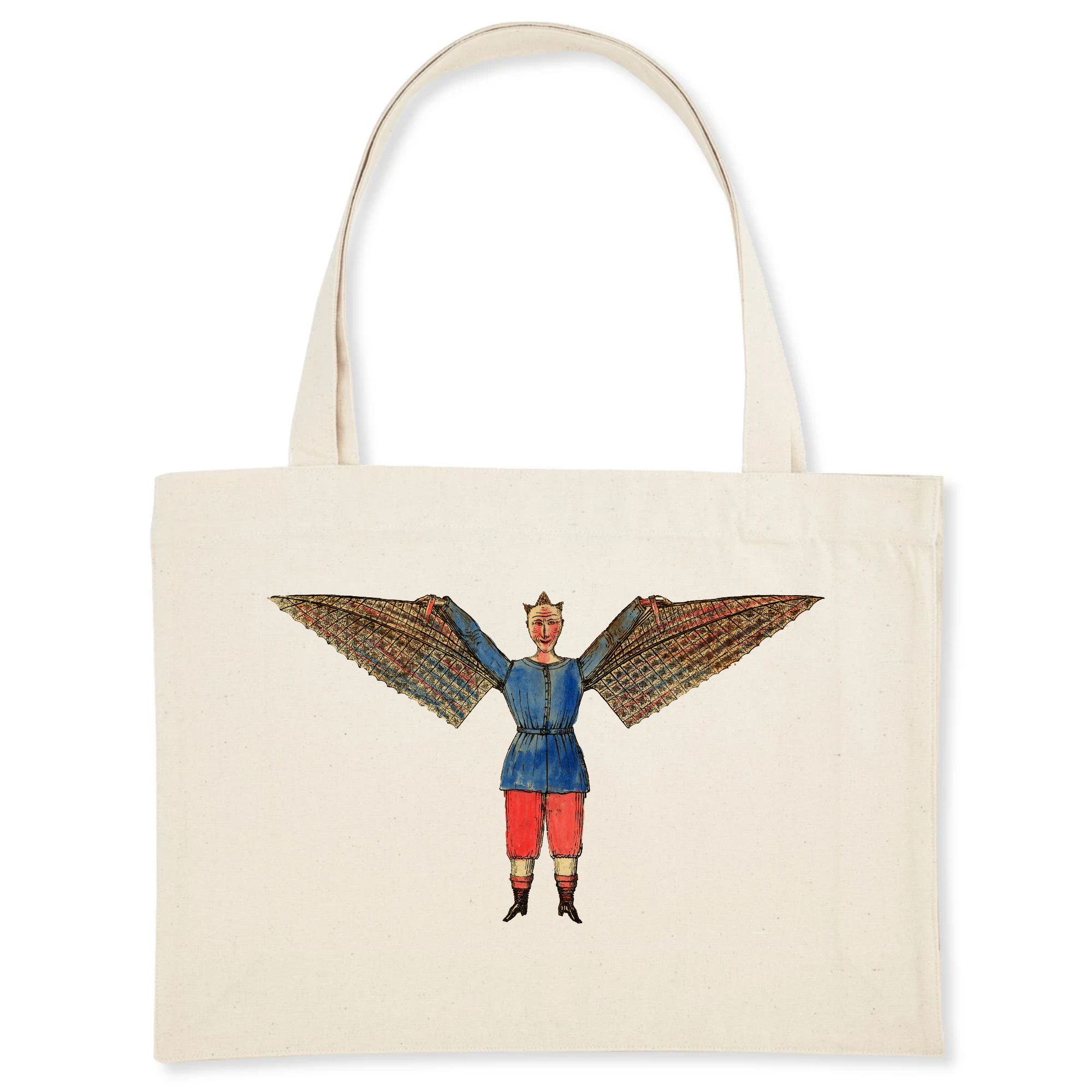 Human ornithopter, ca. 1815 - Ornithopter: an aircraft that flies by flapping its wings. Humorous portrayal of a man who flies with wings attached to his tunic. Hand-coloured lithograph, date and origin unrecorded, assumed to be created between 1800 and 1830.