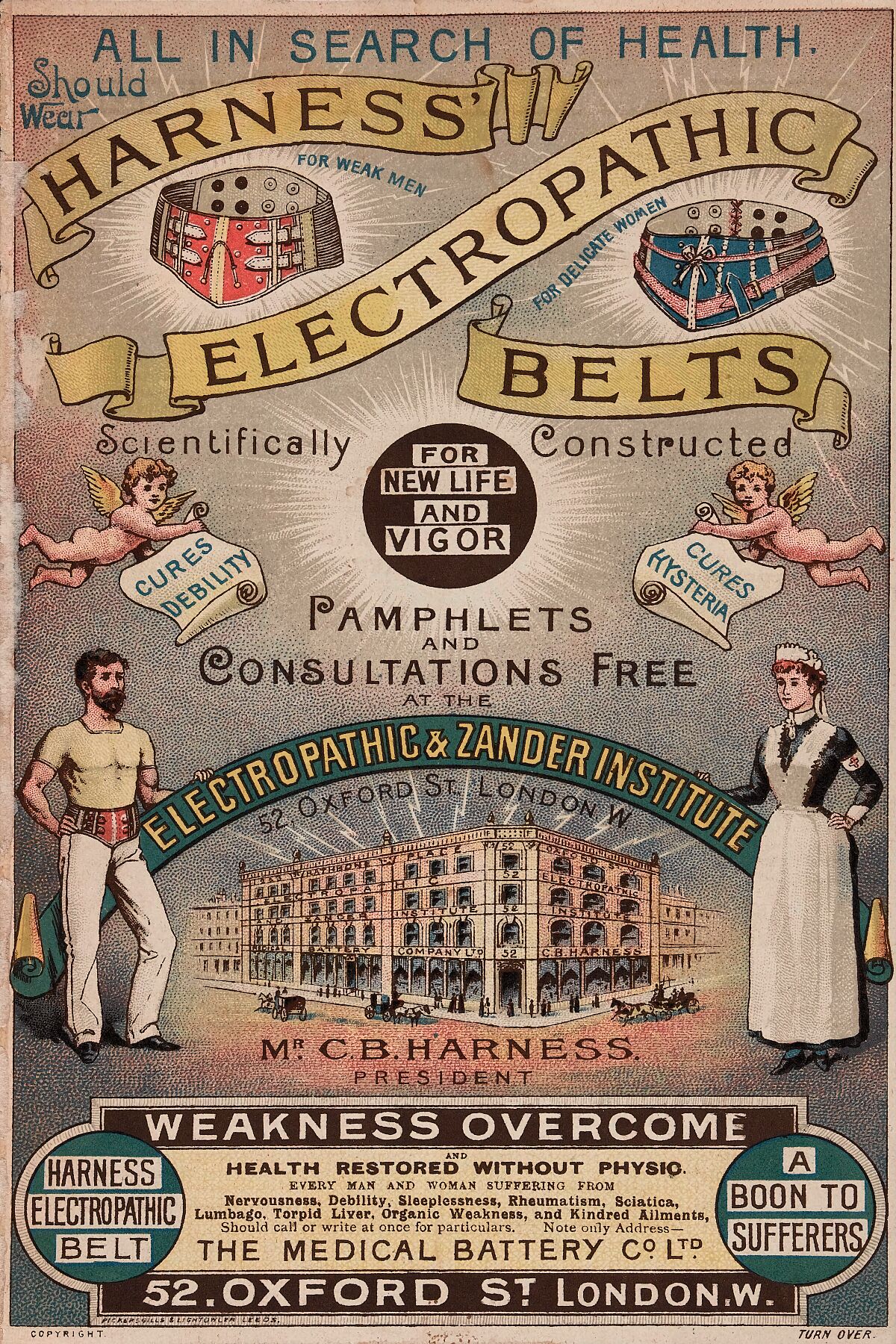 All in search of health should wear Harness' electropathic belts - scientifically constructed for new life and vigor - C.B. Harness. Harness, C. B. Date - 1890
