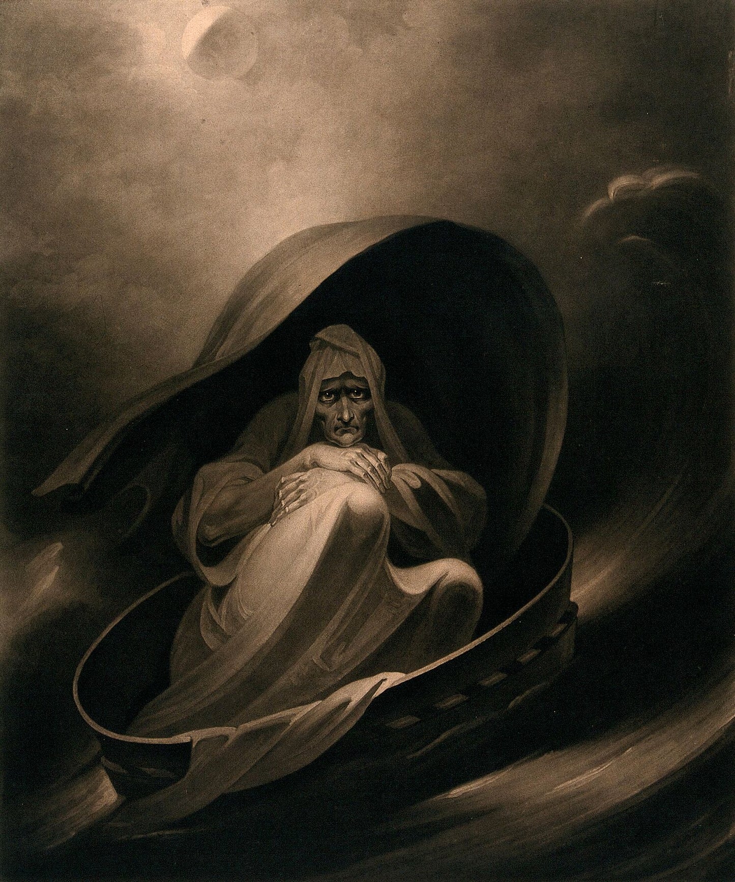A Witch Surfing on a Sieve, Mezzotint by C. Turner - 1807