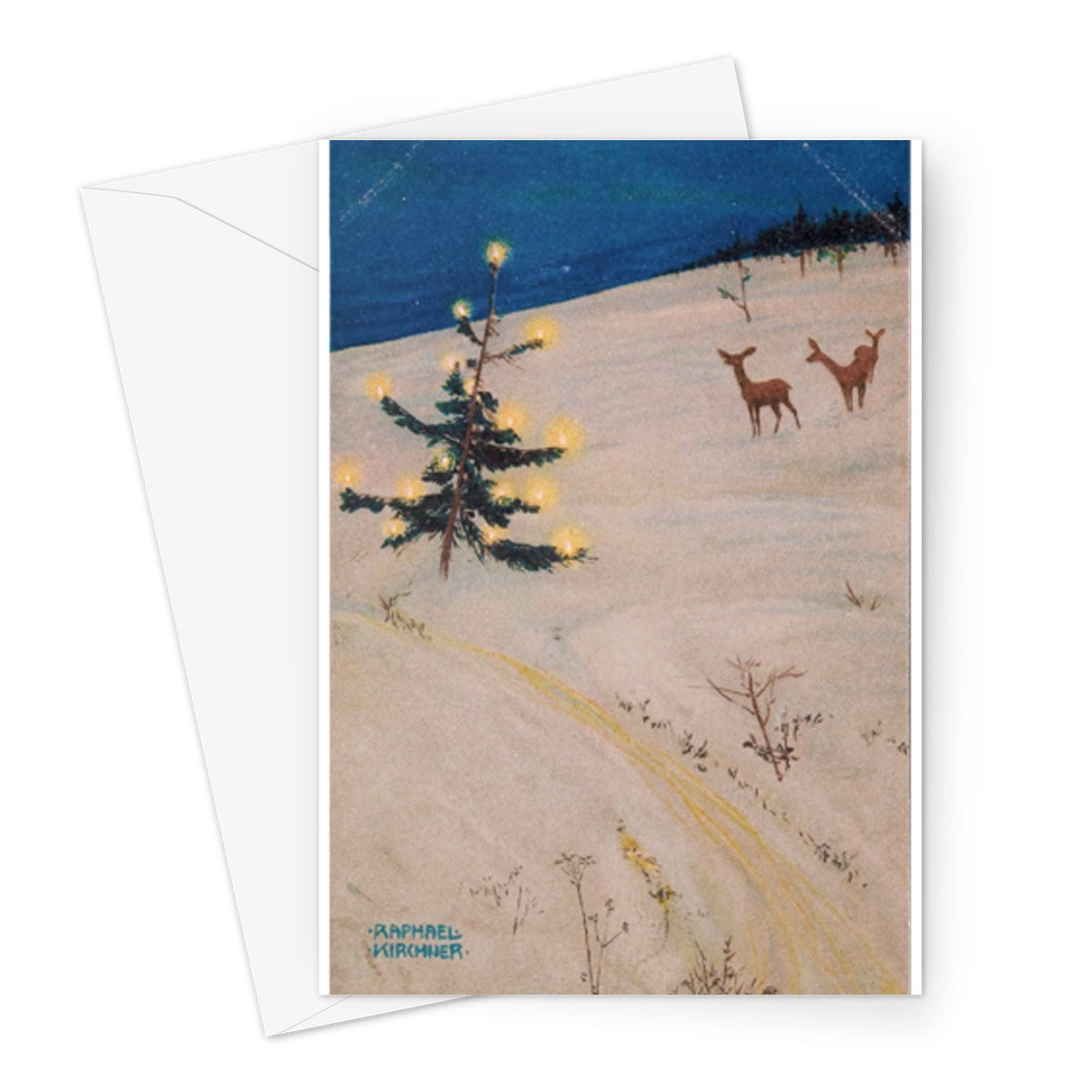Árbol de Navidad y ciervos en un campo de Raphael Kirchner, 1901 - Tarjeta de felicitación