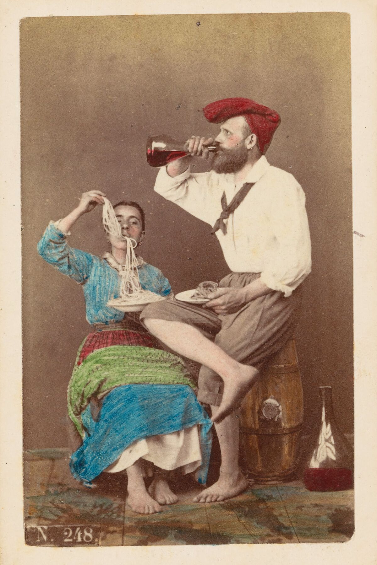 Portrait of an Unknown Man and Woman Eating Spaghetti and Drinking Wine by Giorgio Conrad - c. 1860-1880