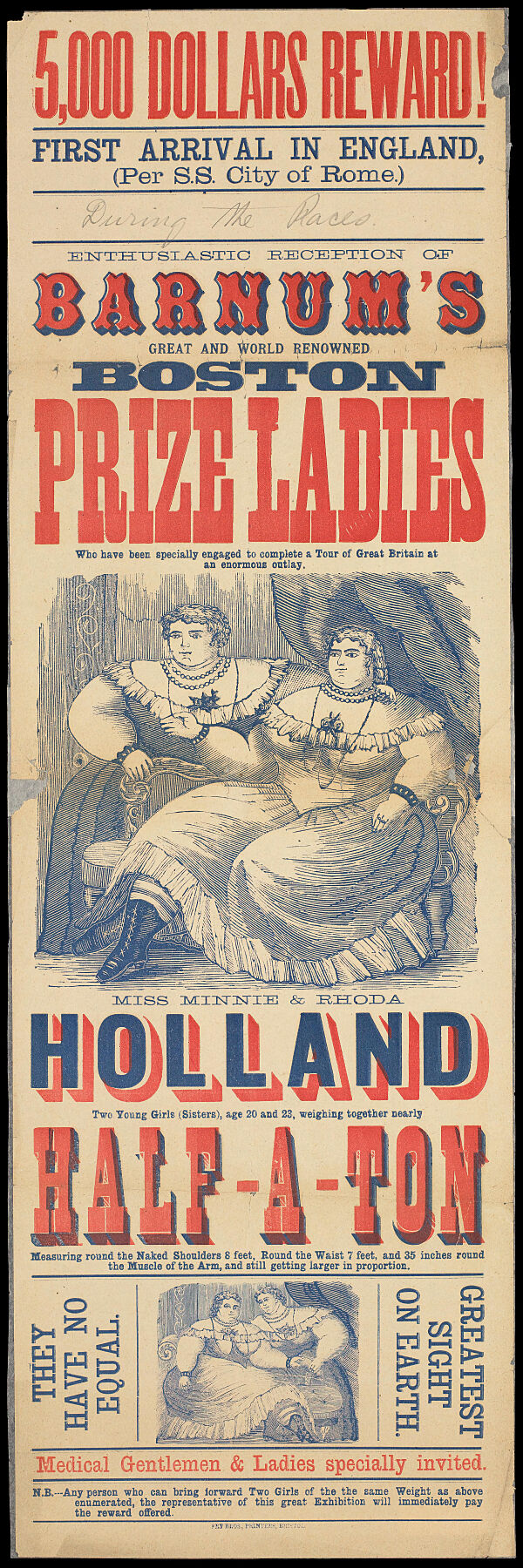 the British tour of P.T. Barnum's two 'fat lady' sisters 'weighing together nearly half a ton'. There are two line illustrations of the sisters seated. Dec 1885