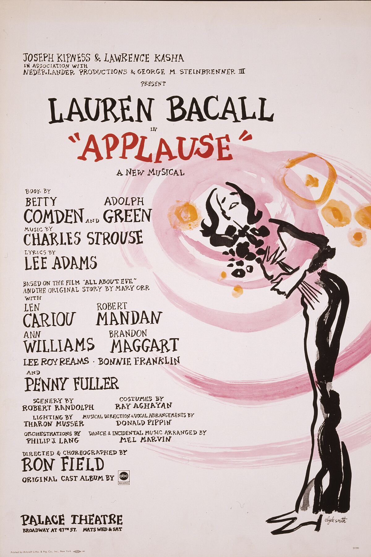 Poster for original production of 'Applause,' showing sketch of star Lauren Bacall, 1970.