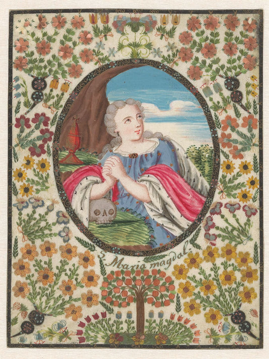 Mary Magdalene in oval with floral border all around, anonymous - c. 1700