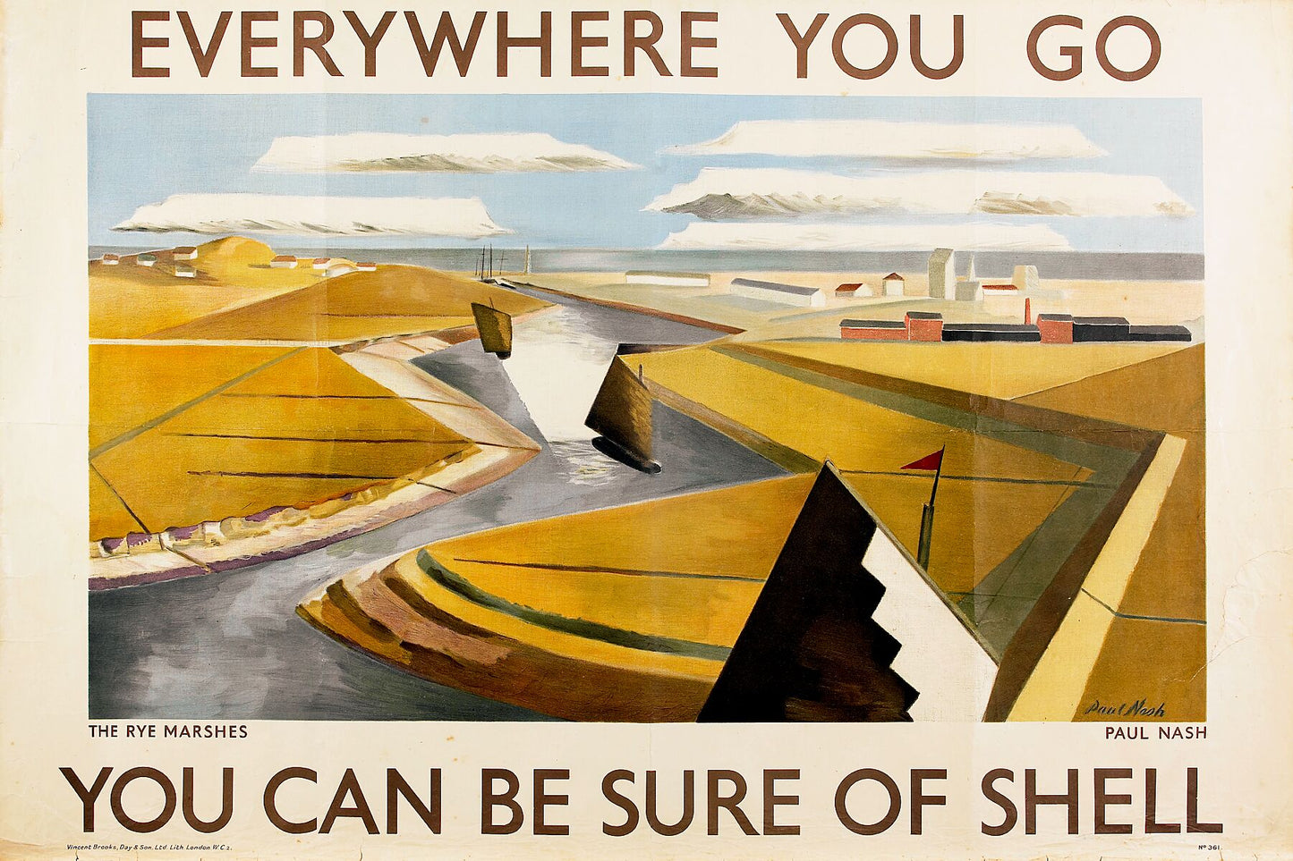 Shell advertisement featuring Paul Nash’s Rye Marshes (1932)